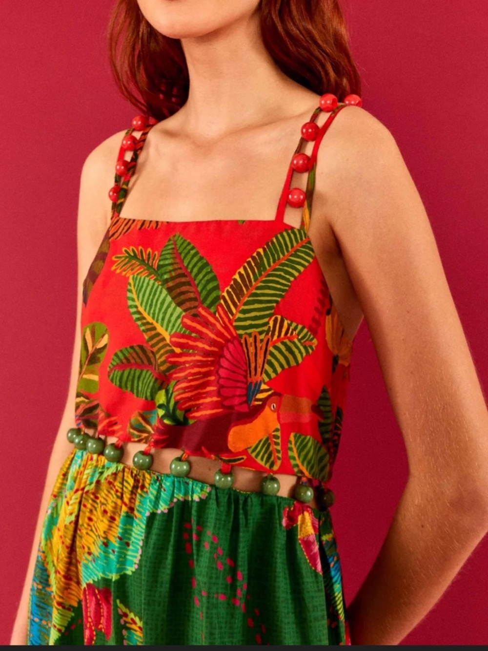 FARM Rio Colorful Mixed-Print Tiered Beased Midi Dress in Red, Green & Blue - Picture 3 of 16